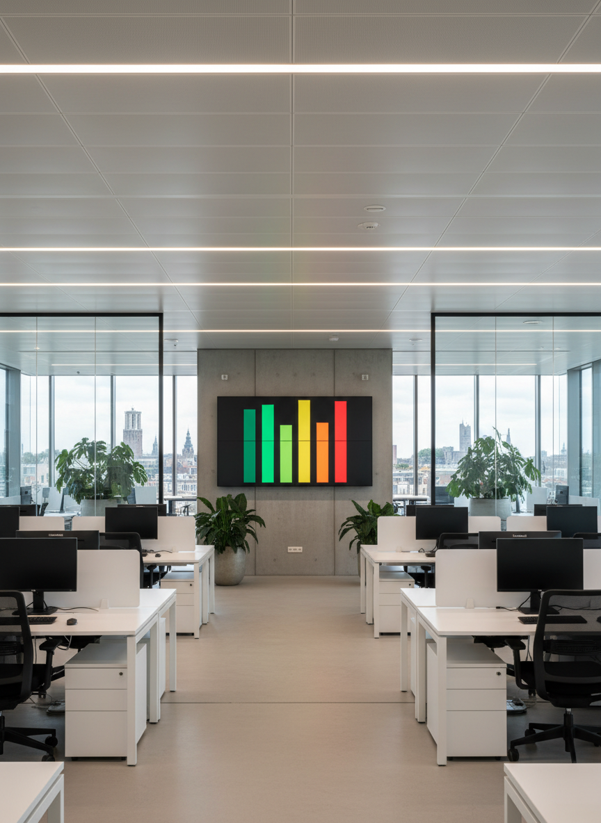 An expansive open-plan office of a modern energy consultancy in Utrecht, filled with glass partitions and sleek workstations, but completely empty of people. On a central wall, a large digital screen displays a bold, text-free bar-style energy rating graphic in shades of green, yellow, and red. Rows of ergonomic chairs, potted plants, and a distant view of a recognizable Utrecht skyline through floor-to-ceiling windows set the scene. Soft, diffused daylight mixes with subtle recessed ceiling lights, creating a balanced, professional atmosphere. Captured in wide-angle photographic realism, straight-on composition with sharp focus throughout, conveying scale, reliability, and a structured team working behind the scenes.