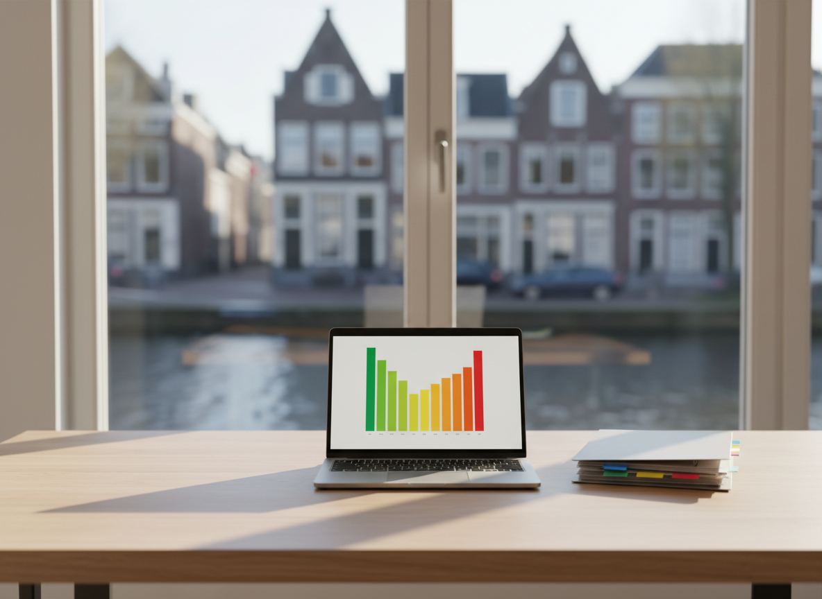 A bright, minimalist home office corner inside a modern apartment in Utrecht, featuring a light oak desk with a slim laptop displaying a colorful, text-free energy label chart on the screen. Next to the laptop lies a neatly stacked folder labeled only by colored tabs, hinting at professional reports. Behind, a large window reveals a softly blurred Utrecht canal-side street with characteristic Dutch buildings. Natural afternoon light floods in, creating soft highlights on the desk surface and gentle shadows under objects. Shot at a slightly elevated angle with shallow depth of field, photographic realism, and a clean, airy mood that suggests an efficient, fast, and digital-first energy label service.