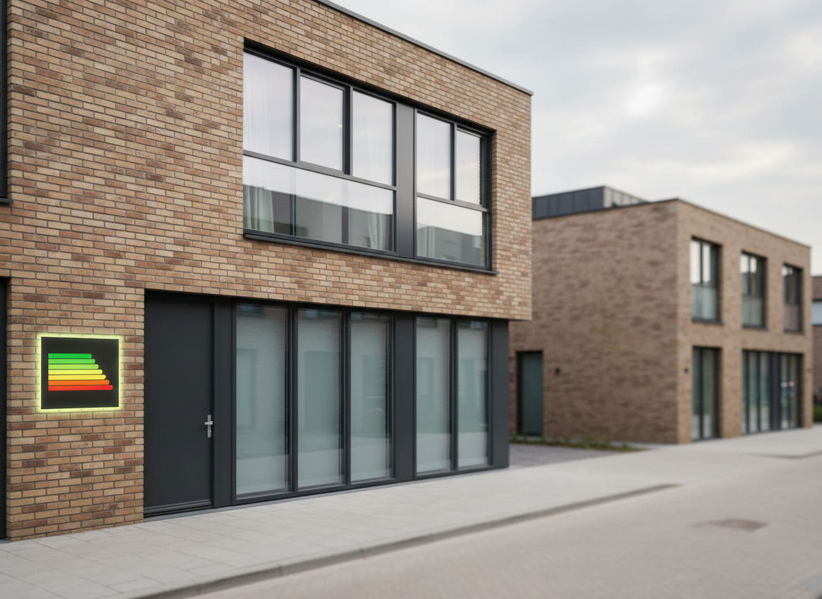 A sleek, contemporary Dutch family home with clean brick facades and large insulated windows, seen from the street at eye level. Next to the front door, a digital-style energy label graphic in vivid green to red bars glows softly, integrated into a wall-mounted smart display without any text. The street is calm, with a few blurred modern houses in the background. Soft overcast daylight creates even, natural illumination with minimal shadows, emphasizing clarity and reliability. Photographic realism with a clean, modern aesthetic, balanced composition using the rule of thirds, and moderate depth of field that keeps the entire house sharp while the surroundings gently blur, conveying trust, speed, and professionalism in energy labeling.