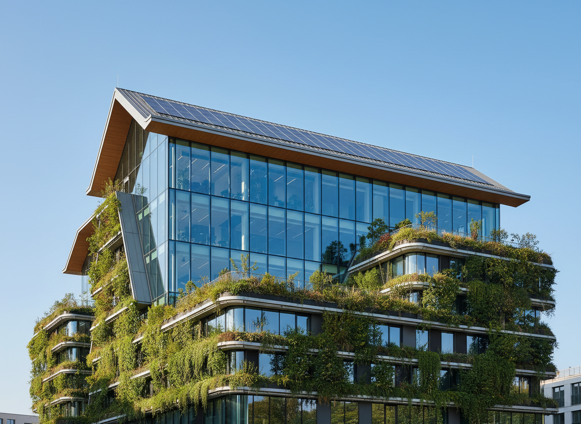 Modern sustainable European office building with green living walls and solar panels against a blue sky